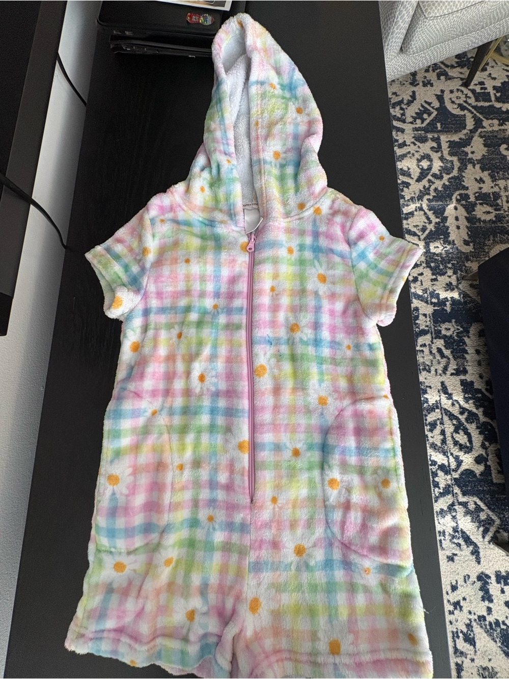 Toddler Girls' Pastel Plaid Hooded Short-Sleeve Pajama Romper - Pink Multi